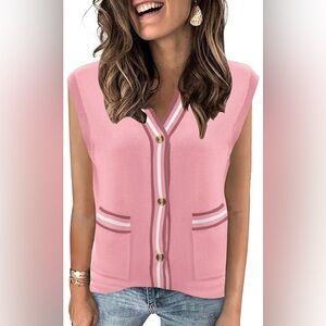 Pink Sweater Vest; Cap Sleeve Striped V Neck Button Down Sleeveless Cardigan